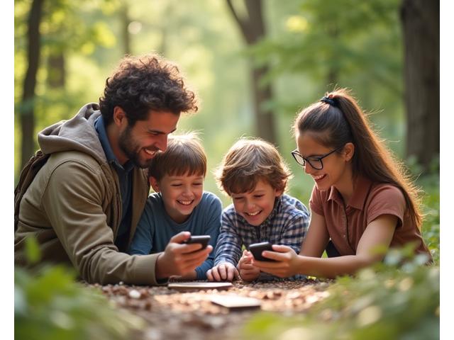A family engaged in an outdoor activity like hiking, laughing together, with no visible digital devices, promoting family connection.