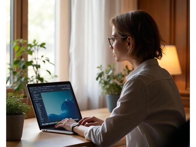 A focused professional at a tidy desk, using a laptop with minimal distractions, suggesting healthy digital habits.