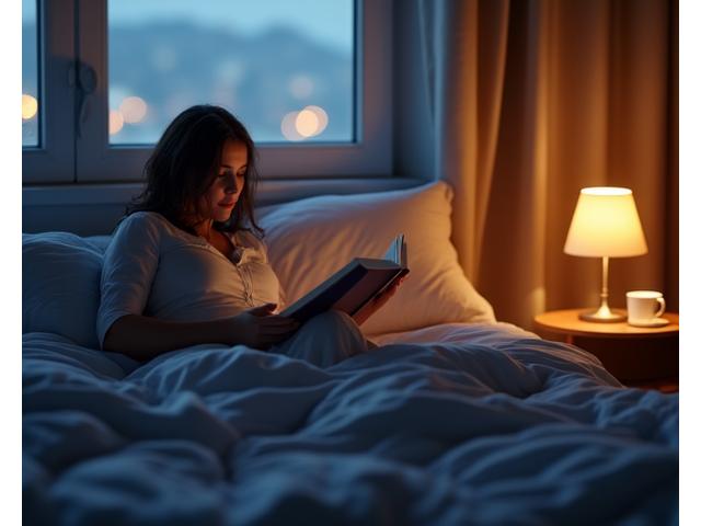 A person comfortably reading a physical book in a dimly lit bedroom, with a smartphone placed far away on a nightstand, symbolizing a healthy evening routine.