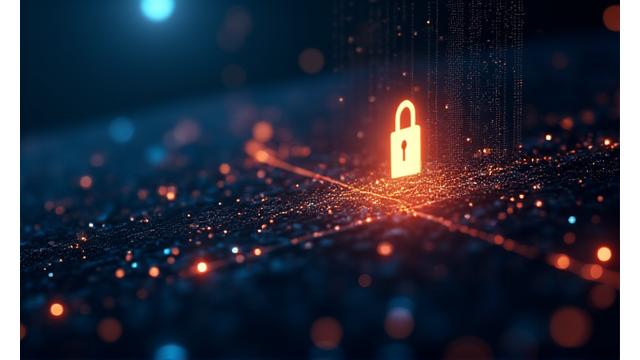 Abstract depiction of encrypted data flowing securely, represented by complex, interwoven digital lines and a lock icon