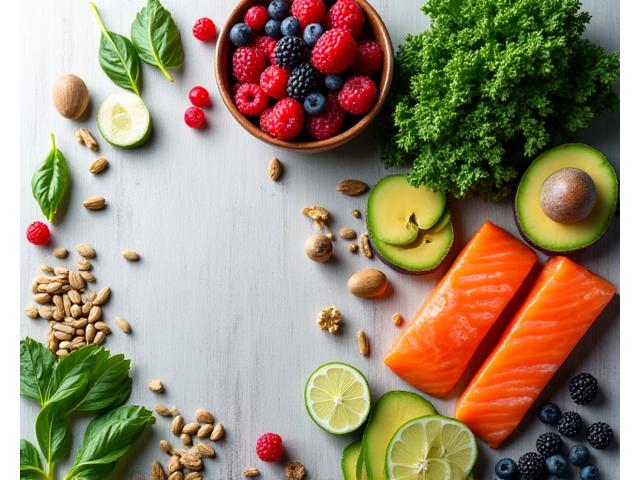 Vibrant array of anti-inflammatory foods like berries, leafy greens, nuts, and healthy fats.