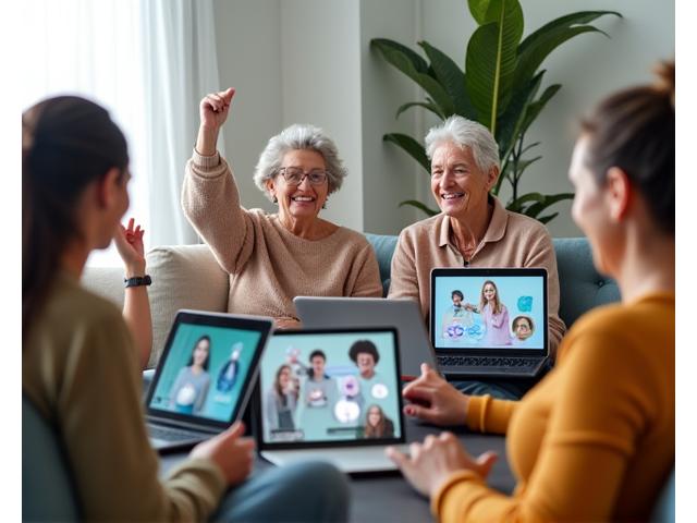 A diverse group of adults participating in a virtual wellness workshop on laptops, engaged and smiling