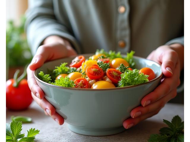 Person mindfully enjoying a healthy, colorful salad, illustrating mindful eating