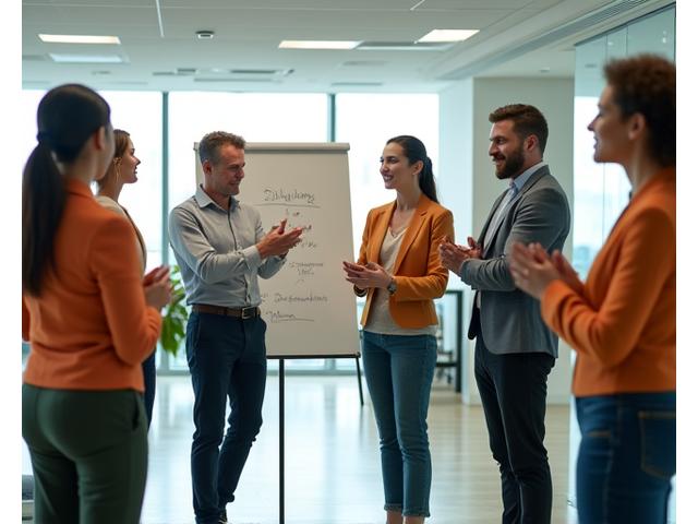 A diverse professional team engaging in a brief, healthy team activity or wellness break in a modern office, led by an executive.